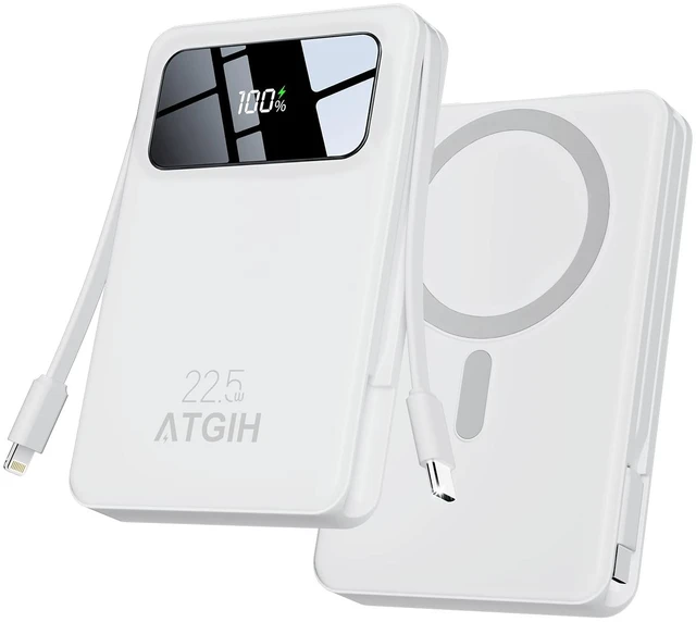 Main image of ATGIH 10000mAh Magnetic Wireless Power Bank, 5-in-1 Portable Charger with 2 Built-in Cables, 22.5W PD Fast Charging Magnetic Battery Pack for iPhone 17/16/15/14/13/12 and All Series White