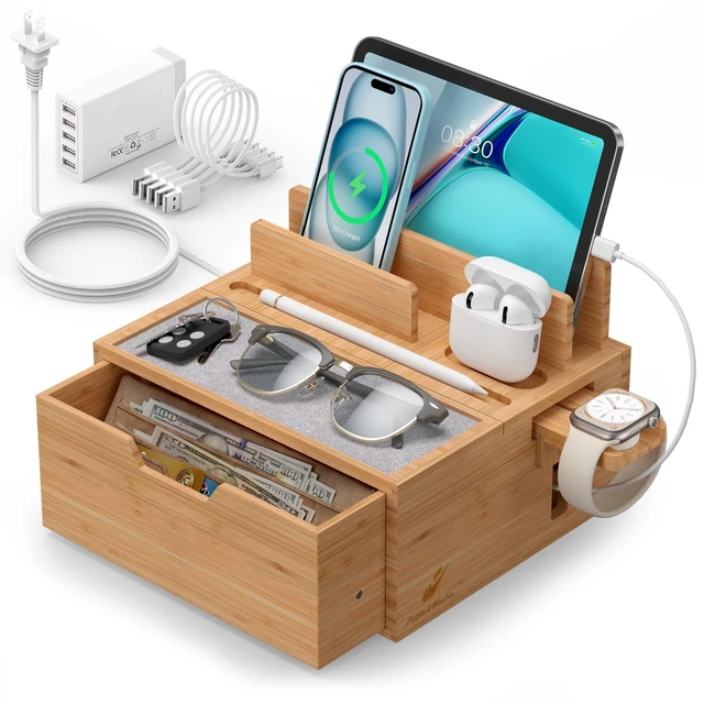 Main image of Pezin & Hulin Charging Station Dock with Charger HUB and Cables-Natural | Nightstand Docking Station with Lined Tray & Drawer for Multi Device, Compatible with Tablet, Cell Phones, Watch & Earbuds