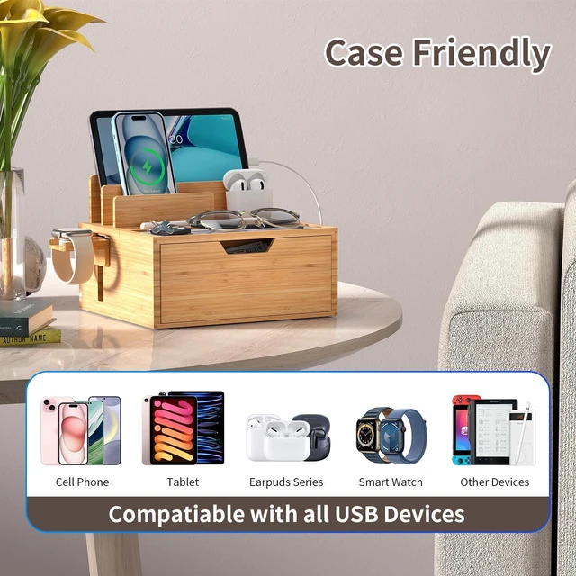 Alt view image 2 of 7 - Pezin & Hulin Charging Station Dock with Charger HUB and Cables-Natural | Nightstand Docking Station with Lined Tray & Drawer for Multi Device, Compatible with Tablet, Cell Phones, Watch & Earbuds
