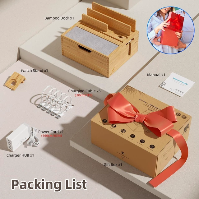 Alt view image 3 of 7 - Pezin & Hulin Charging Station Dock with Charger HUB and Cables-Natural | Nightstand Docking Station with Lined Tray & Drawer for Multi Device, Compatible with Tablet, Cell Phones, Watch & Earbuds