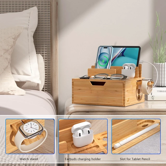 Alt view image 4 of 7 - Pezin & Hulin Charging Station Dock with Charger HUB and Cables-Natural | Nightstand Docking Station with Lined Tray & Drawer for Multi Device, Compatible with Tablet, Cell Phones, Watch & Earbuds