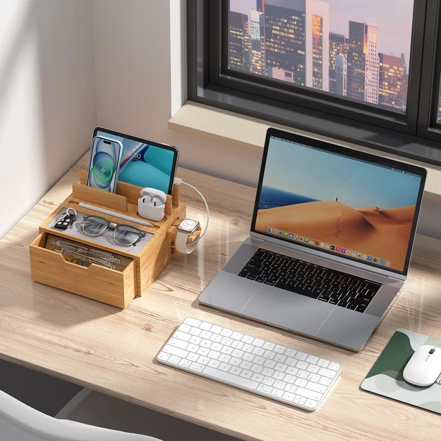 Alt view image 6 of 7 - Pezin & Hulin Charging Station Dock with Charger HUB and Cables-Natural | Nightstand Docking Station with Lined Tray & Drawer for Multi Device, Compatible with Tablet, Cell Phones, Watch & Earbuds