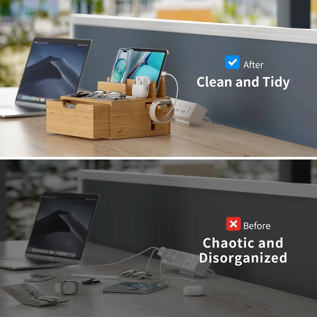 Alt view image 7 of 7 - Pezin & Hulin Charging Station Dock with Charger HUB and Cables-Natural | Nightstand Docking Station with Lined Tray & Drawer for Multi Device, Compatible with Tablet, Cell Phones, Watch & Earbuds