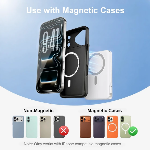 Alt view image 3 of 7 - ATGIH 10000mAh Magnetic Wireless Power Bank, 5-in-1 Portable Charger with 2 Built-in Cables, 22.5W PD Fast Charging Magnetic Battery Pack for iPhone 17/16/15/14/13/12 and All Series White