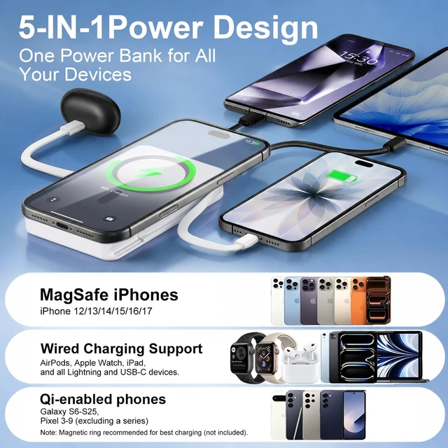 Alt view image 4 of 7 - ATGIH 10000mAh Magnetic Wireless Power Bank, 5-in-1 Portable Charger with 2 Built-in Cables, 22.5W PD Fast Charging Magnetic Battery Pack for iPhone 17/16/15/14/13/12 and All Series White