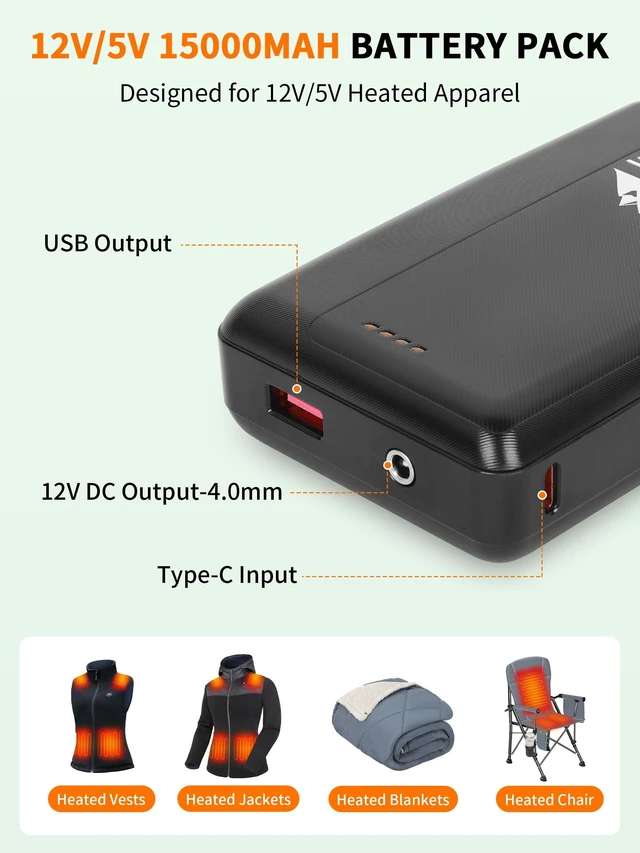 Alt view image 2 of 5 - HeatEase Rechargeable Portable Charger,12V/5V Battery Pack Power Bank | 12V/5V 15000mAh Battery for heated Blanket,Heated Vest, Heated Jacket,Heating Clothing,Heated Camping Chair and Phones