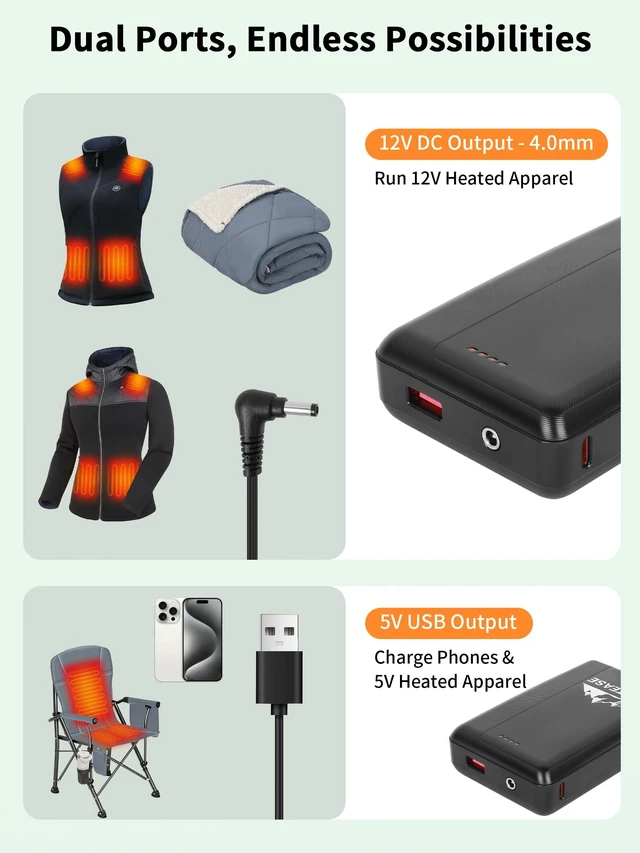 Alt view image 3 of 5 - HeatEase Rechargeable Portable Charger,12V/5V Battery Pack Power Bank | 12V/5V 15000mAh Battery for heated Blanket,Heated Vest, Heated Jacket,Heating Clothing,Heated Camping Chair and Phones