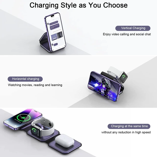 Alt view image 2 of 7 - 3 in 1 Wireless Charging Station for Apple,Foldable Magnetic Travel Charger Portable Charging Pad for Magsafe Multiple Devices iPhone 17/16/15/14/13/12 Pro/Max,Watch,AirPods Bedside Office Stand etc.