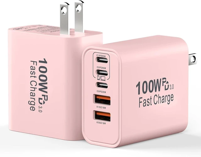 Main image of USB C Super Fast Charger Block,100W USBC Wall Charger Plug,2Pack 5-Port 65W Type C Phone Charging Cubes Multiport Power Adapter for iPhone 18 Pro/17/16/15/14,Galaxy S25/S26 Ultra,iPad,MacBook-Pink