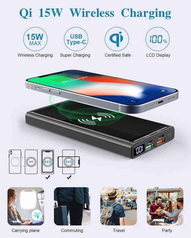 Alt view image 3 of 7 - Wireless Portable Charger, Ultra Slim PD20W USB C Fast Charging 10000mAh Power Bank LED Display, External Battery Pack, Travel Essential Phone Powerbank for iPhone 17 16 Samsung S25 Google etc (black)