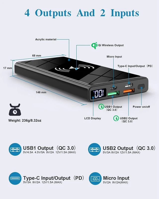 Alt view image 6 of 7 - Wireless Portable Charger, Ultra Slim PD20W USB C Fast Charging 10000mAh Power Bank LED Display, External Battery Pack, Travel Essential Phone Powerbank for iPhone 17 16 Samsung S25 Google etc (black)