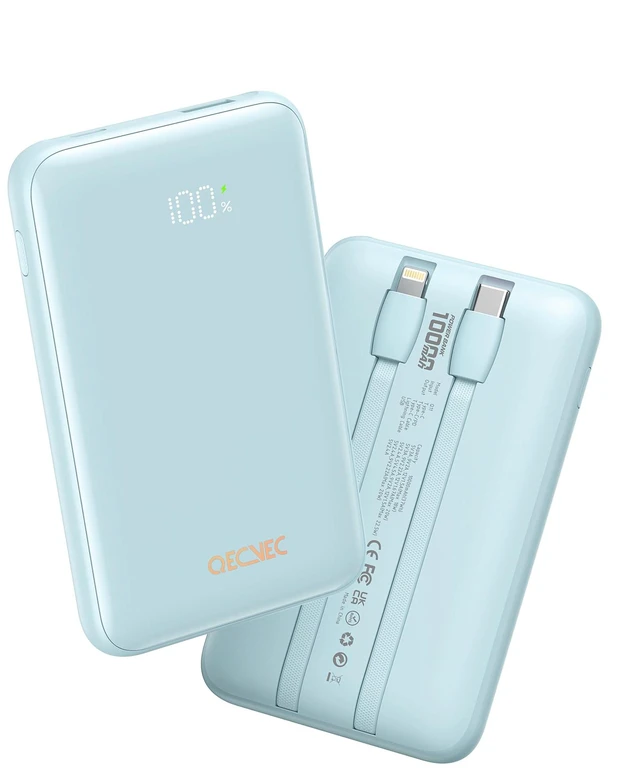 Main image of Qecvec Portable Charger 10000mAh, 22.5W Fast Charging Power Bank | 10000mAh Compact Portable Phone Charger Built in Cable, Portable Phone Charger for iPhone and More,Travel Essentials (Blue)