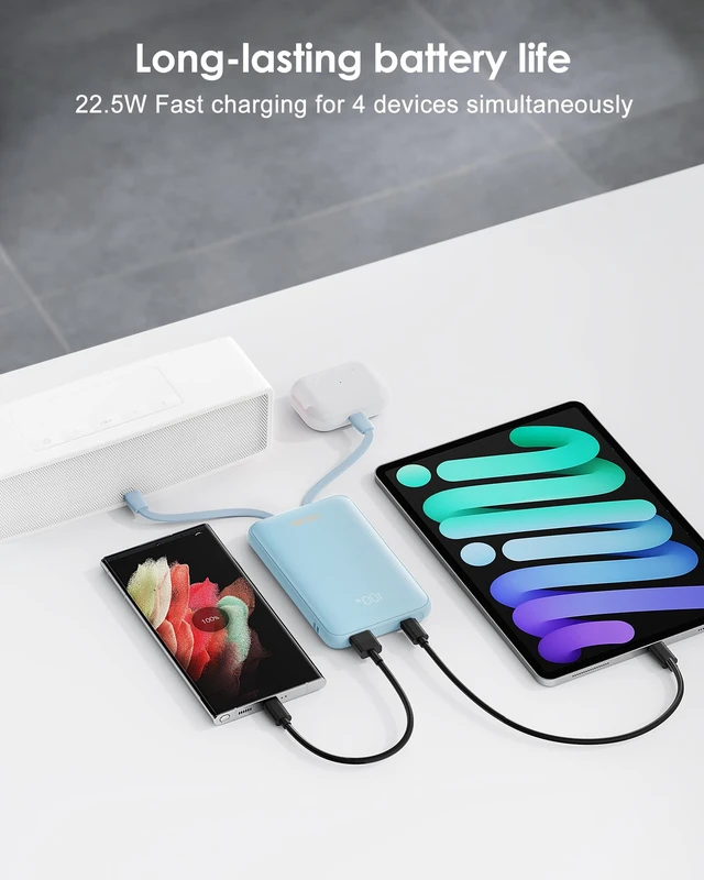 Alt view image 2 of 5 - Qecvec Portable Charger 10000mAh, 22.5W Fast Charging Power Bank | 10000mAh Compact Portable Phone Charger Built in Cable, Portable Phone Charger for iPhone and More,Travel Essentials (Blue)
