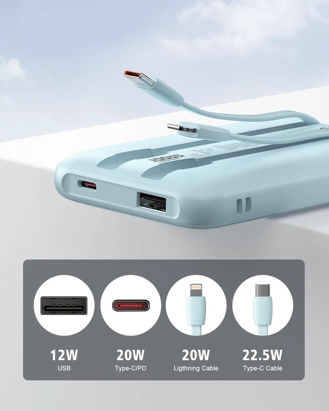 Alt view image 4 of 5 - Qecvec Portable Charger 10000mAh, 22.5W Fast Charging Power Bank | 10000mAh Compact Portable Phone Charger Built in Cable, Portable Phone Charger for iPhone and More,Travel Essentials (Blue)