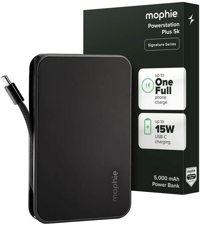 Main image of Mophie Powerstation Plus mini 5K Portable Charger, Signature Series | 5,000mAh Power Bank for iPhone 17 / 16, Integrated USB-C Cable, 20W Fast Charging, Premium Materials, Airline Friendly
