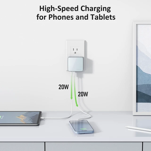 Alt view image 2 of 7 - Nekmit USB C Charger, Thin Flat 52W 4-Port Fast Wall Charger with Two 20W Power Delivery and 2 USB Port for iPhone 14/14 Pro/14 Pro Max, Galaxy, Pixel, iPad Pro, AirPods Pro and More, Blue