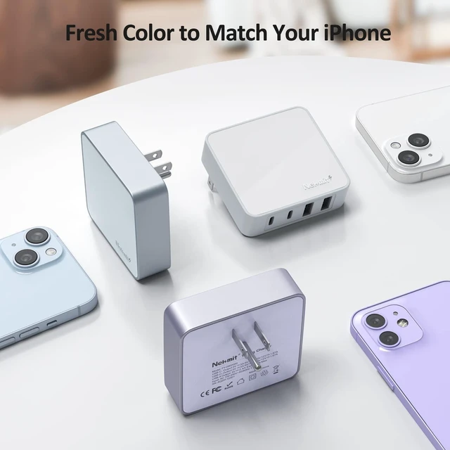 Alt view image 6 of 7 - Nekmit USB C Charger, Thin Flat 52W 4-Port Fast Wall Charger with Two 20W Power Delivery and 2 USB Port for iPhone 14/14 Pro/14 Pro Max, Galaxy, Pixel, iPad Pro, AirPods Pro and More, Blue