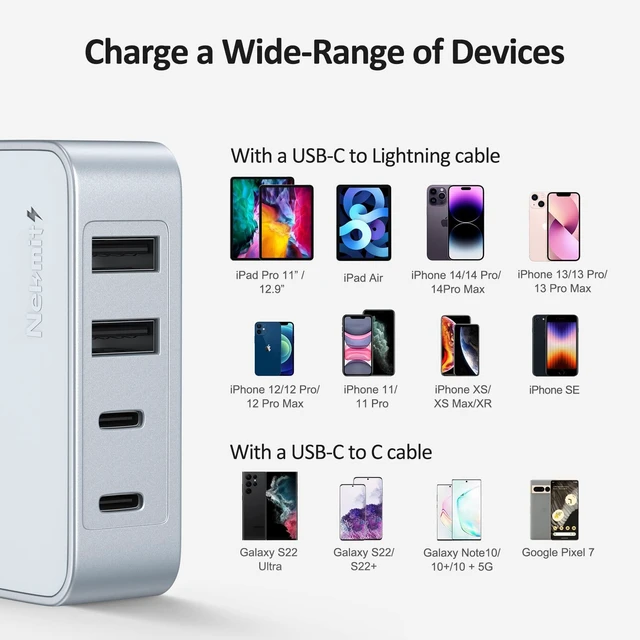 Alt view image 7 of 7 - Nekmit USB C Charger, Thin Flat 52W 4-Port Fast Wall Charger with Two 20W Power Delivery and 2 USB Port for iPhone 14/14 Pro/14 Pro Max, Galaxy, Pixel, iPad Pro, AirPods Pro and More, Blue