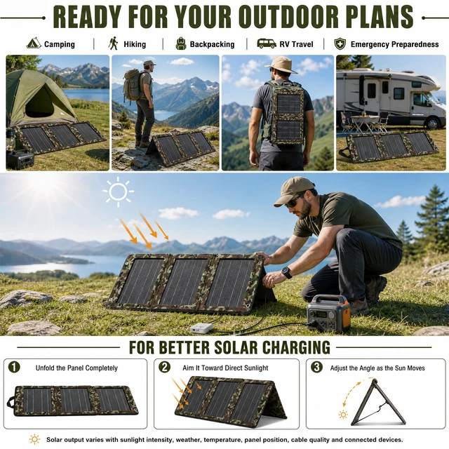 Alt view image 2 of 7 - 28 W Portable Solar Panel Charger,Foldable with Dual USB Ports for Phones | Lightweight ETFE solar charger for camping, hiking and backpacking; compatible with phones and USB power banks