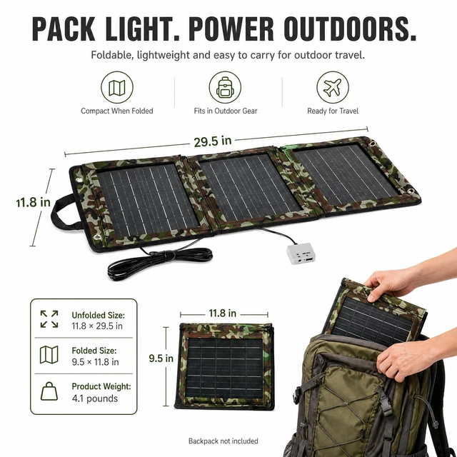 Alt view image 3 of 7 - 28 W Portable Solar Panel Charger,Foldable with Dual USB Ports for Phones | Lightweight ETFE solar charger for camping, hiking and backpacking; compatible with phones and USB power banks