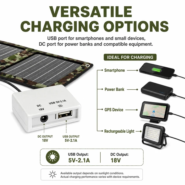 Alt view image 6 of 7 - 28 W Portable Solar Panel Charger,Foldable with Dual USB Ports for Phones | Lightweight ETFE solar charger for camping, hiking and backpacking; compatible with phones and USB power banks