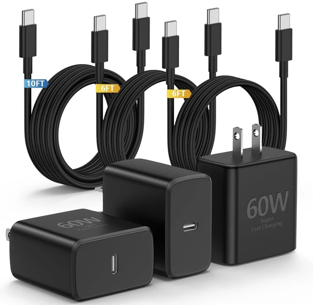 Main image of Essri 3Pack 60W Super Fast Charger for Samsung Galaxy S26 Ultra | Type C Charger Fast Charging with 6+6+10Ft Long USB C Cord for Samsung Galaxy S26 Ultra/S26+/S26/S25/S24/S23/S22,Black