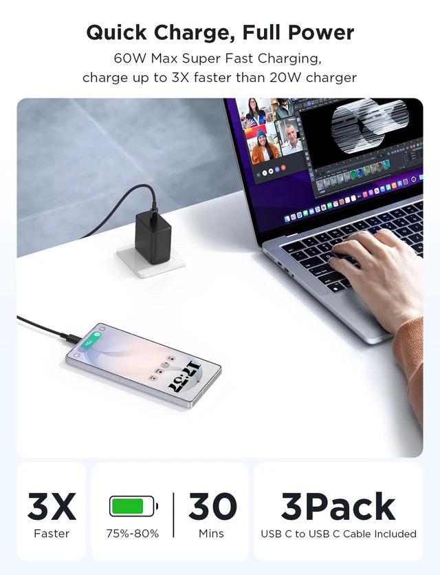 Alt view image 3 of 7 - Essri 3Pack 60W Super Fast Charger for Samsung Galaxy S26 Ultra | Type C Charger Fast Charging with 6+6+10Ft Long USB C Cord for Samsung Galaxy S26 Ultra/S26+/S26/S25/S24/S23/S22,Black