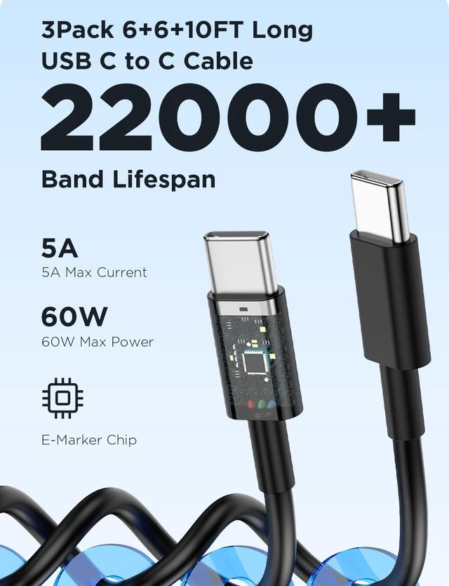Alt view image 5 of 7 - Essri 3Pack 60W Super Fast Charger for Samsung Galaxy S26 Ultra | Type C Charger Fast Charging with 6+6+10Ft Long USB C Cord for Samsung Galaxy S26 Ultra/S26+/S26/S25/S24/S23/S22,Black