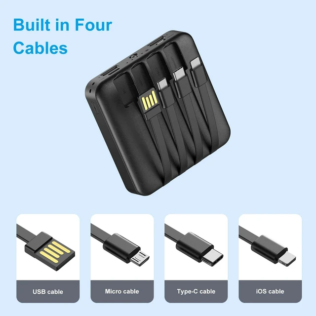 Alt view image 5 of 7 - Xuniktek Solar Portable Charger 12000mAh, Small Solar Power Bank | USB C input/output external battery with built-in 4 cables, flashlight, suitable for iPhone, tablet computers and Samsung