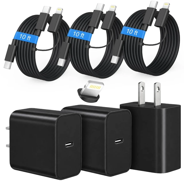Main image of for iPhone 18 17 16 Charger Fast Charging Lightning&USB C Cord 10FT Black | Extra Long 10FT Cable with 3Pack PD 20W Charger Blocks for iPhone Duo/18/18 Pro/18 Pro Max/17/17 Pro/17 Pro Max/16/15/14/13