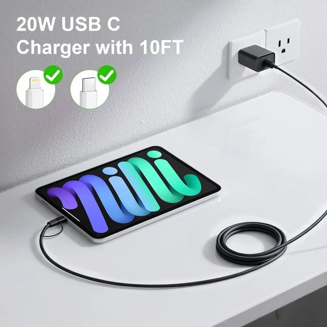 Alt view image 7 of 7 - for iPhone 18 17 16 Charger Fast Charging Lightning&USB C Cord 10FT Black | Extra Long 10FT Cable with 3Pack PD 20W Charger Blocks for iPhone Duo/18/18 Pro/18 Pro Max/17/17 Pro/17 Pro Max/16/15/14/13