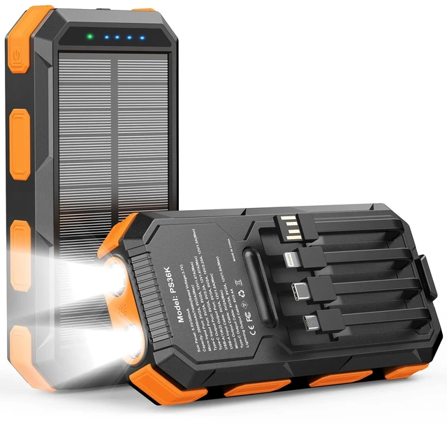 Main image of Solar Charger Power Bank 20000mAh, PD 22.5W Fast Charging Portable Charger Battery Pack 70% in 30Min for Phone, 4 Built-in Cables, IP67 Waterproof, Dual Flashlights for Travel Hiking Camping Emergency