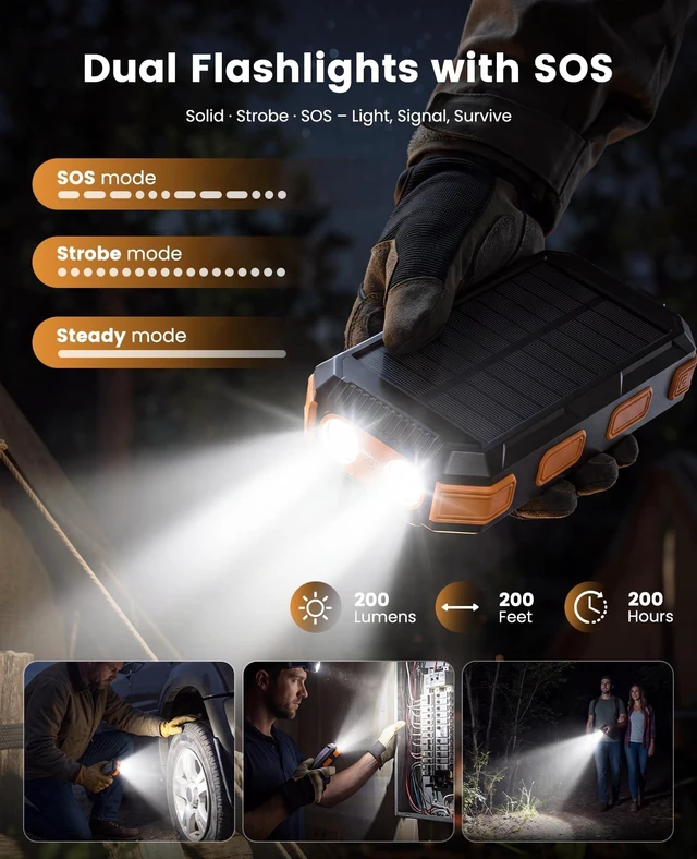 Alt view image 4 of 7 - Solar Charger Power Bank 20000mAh, PD 22.5W Fast Charging Portable Charger Battery Pack 70% in 30Min for Phone, 4 Built-in Cables, IP67 Waterproof, Dual Flashlights for Travel Hiking Camping Emergency