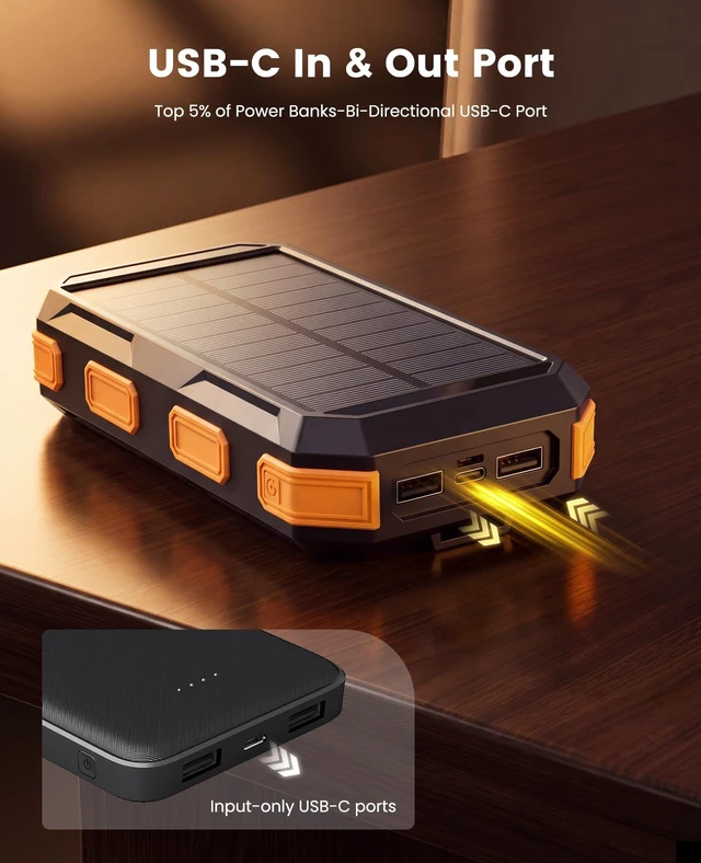 Alt view image 5 of 7 - Solar Charger Power Bank 20000mAh, PD 22.5W Fast Charging Portable Charger Battery Pack 70% in 30Min for Phone, 4 Built-in Cables, IP67 Waterproof, Dual Flashlights for Travel Hiking Camping Emergency
