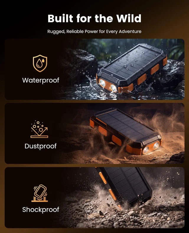 Alt view image 6 of 7 - Solar Charger Power Bank 20000mAh, PD 22.5W Fast Charging Portable Charger Battery Pack 70% in 30Min for Phone, 4 Built-in Cables, IP67 Waterproof, Dual Flashlights for Travel Hiking Camping Emergency