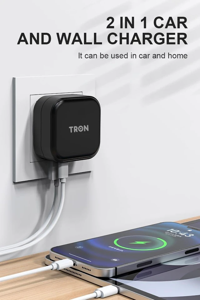 Alt view image 2 of 7 - TRON Wall & Car Charger Travel Charging Station, 36W Dual USB-C & USB-A Fast Charger, Foldable for iPhone, iPad, Android, Earbuds TR17