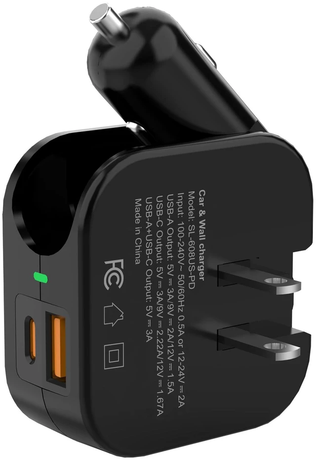 Main image of TRON Wall & Car Charger Travel Charging Station, 36W Dual USB-C & USB-A Fast Charger, Foldable for iPhone, iPad, Android, Earbuds TR17