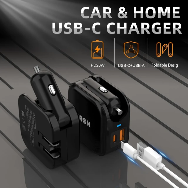 Alt view image 4 of 7 - TRON Wall & Car Charger Travel Charging Station, 36W Dual USB-C & USB-A Fast Charger, Foldable for iPhone, iPad, Android, Earbuds TR17