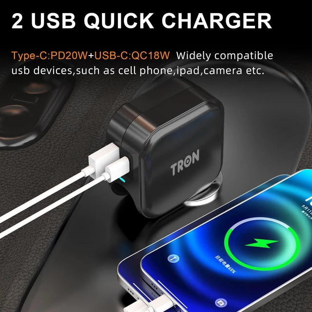 Alt view image 6 of 7 - TRON Wall & Car Charger Travel Charging Station, 36W Dual USB-C & USB-A Fast Charger, Foldable for iPhone, iPad, Android, Earbuds TR17