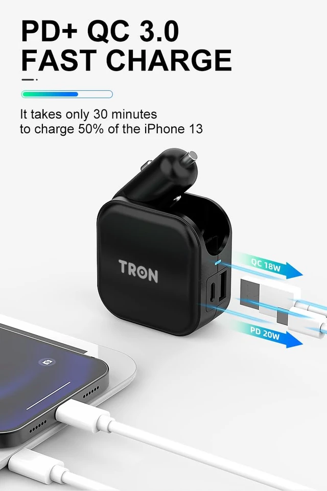 Alt view image 7 of 7 - TRON Wall & Car Charger Travel Charging Station, 36W Dual USB-C & USB-A Fast Charger, Foldable for iPhone, iPad, Android, Earbuds TR17