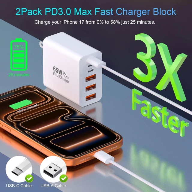 Alt view image 2 of 7 - 65W USB C Charger,2Pack iPhone 18 Pro Max Charger,6FT USB C Chargers Woven Cord with 6Port 3USB-A 3USB-C Fast Charging Blocks Type C Chargers for iPhone 18 Pro Max/17 Pro Max/16/15/iPad Pro,AirPods