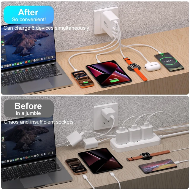 Alt view image 4 of 7 - 65W USB C Charger,2Pack iPhone 18 Pro Max Charger,6FT USB C Chargers Woven Cord with 6Port 3USB-A 3USB-C Fast Charging Blocks Type C Chargers for iPhone 18 Pro Max/17 Pro Max/16/15/iPad Pro,AirPods