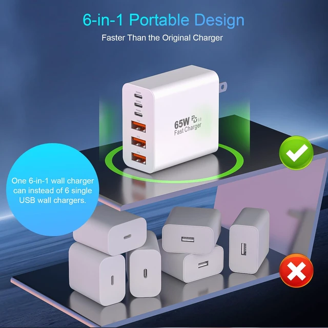 Alt view image 5 of 7 - 65W USB C Charger,2Pack iPhone 18 Pro Max Charger,6FT USB C Chargers Woven Cord with 6Port 3USB-A 3USB-C Fast Charging Blocks Type C Chargers for iPhone 18 Pro Max/17 Pro Max/16/15/iPad Pro,AirPods
