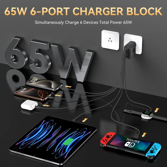 Alt view image 3 of 7 - USB C Charger Block, 65W USBC Fast Charging Plug Multiport Power Adapter | 2Pack 6-port Type C Chargers Blocks Cube Brick for iPhone 18/17/16/15/14/13/Pro Max, iPad Pro/Air, Samsung Galaxy S26/S25/S24