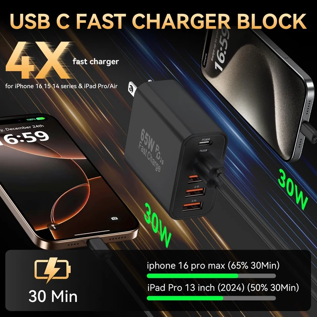 Alt view image 2 of 7 - USB C Charger Block, 65W USBC Fast Charging Plug Multiport Power Adapter | 2Pack 6-port Type C Chargers Blocks Cube Brick for iPhone 18/17/16/15/14/13/Pro Max, iPad Pro/Air, Samsung Galaxy S26/S25/S24