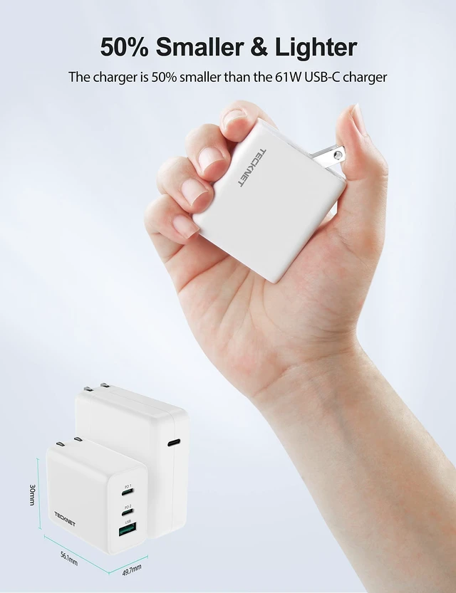 Alt view image 5 of 7 - TECKNET 65W USB C Charger, Pocket-Sized Type C Fast Charger Block, White | 3-Port GaN Charger, Compact & Cool, Foldable Travel Charger Block, for iPhone 17/16/Samsung/MacBook/Steam Deck & More
