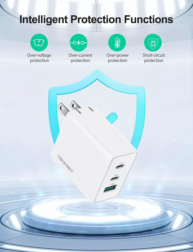 Alt view image 7 of 7 - TECKNET 65W USB C Charger, Pocket-Sized Type C Fast Charger Block, White | 3-Port GaN Charger, Compact & Cool, Foldable Travel Charger Block, for iPhone 17/16/Samsung/MacBook/Steam Deck & More