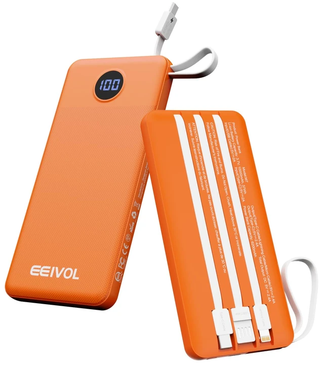 Main image of EEIVOL Portable Charger Built in 4 Cables, 10000mAh Power Bank, Orange
