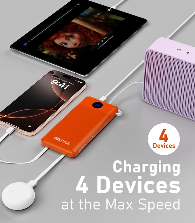 Alt view image 2 of 7 - EEIVOL Portable Charger Built in 4 Cables, 10000mAh Power Bank, Orange