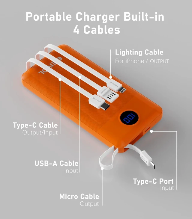Alt view image 3 of 7 - EEIVOL Portable Charger Built in 4 Cables, 10000mAh Power Bank, Orange